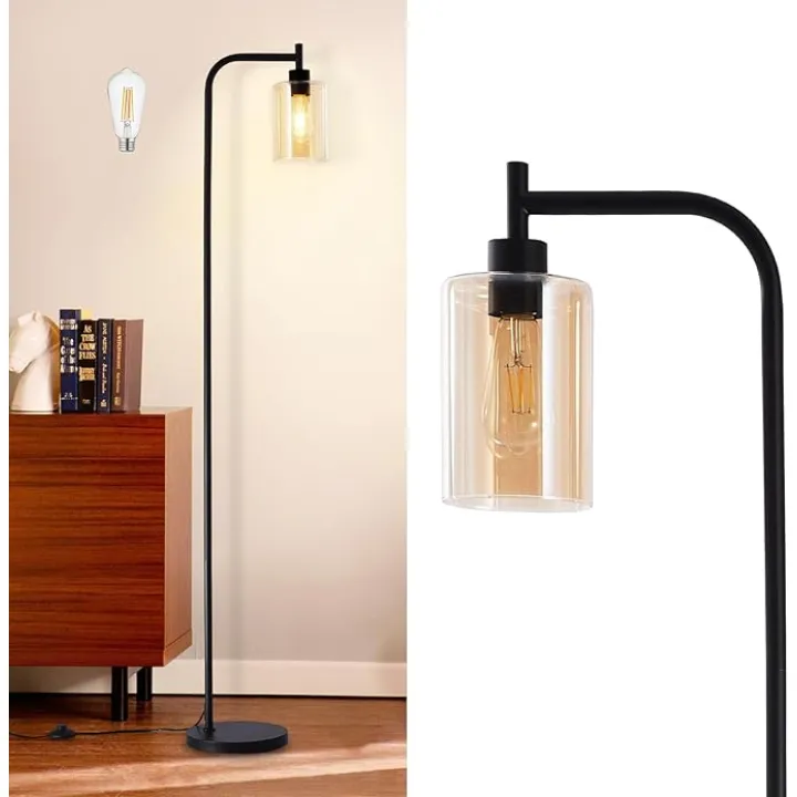 DLLT Floor Lamp Tall for Room: Black Standing Lamp with Amber Glass Lampshade for Living Room - Modern Bright Lamp for Bedroom - Industrial Corner Floor Lamps for Office 8W Led Bulb Included