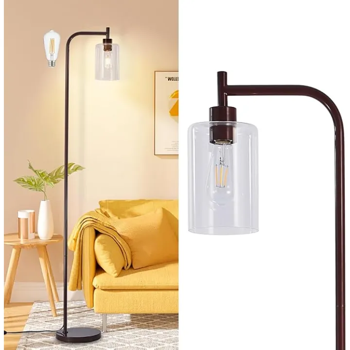 DLLT Floor Lamp Tall for Room: Brown Standing Lamp with Clear Glass Lampshade for Living Room - Modern Bright Lamp for Bedroom - Industrial Corner Floor Lamps for Office 8W Led Bulb Included
