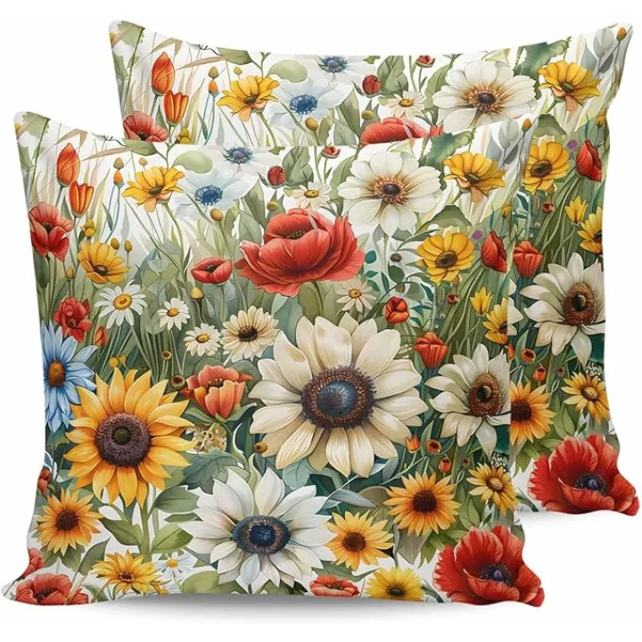 Sunflower Outdoor Waterproof Pillows Cover Pack of 2, Daisy Colorful Sunflowers Plant Decorative Pillowcases with Zipper Cushion Case for Patio Tent Couch Garden 18x18 Inch