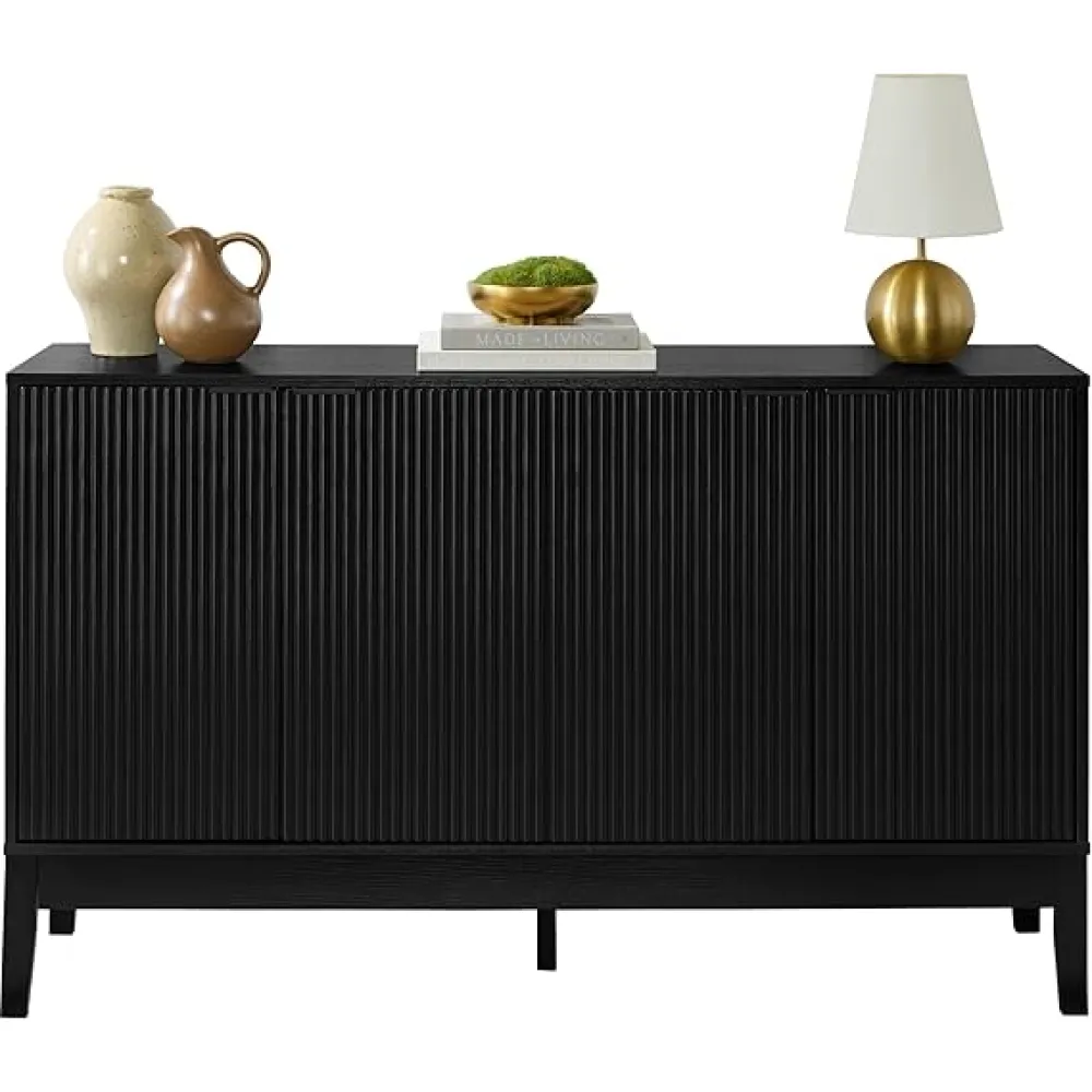 Best Choice Products 55" Modern 4-Door Sideboard Storage Cabinet, Buffet, Media Cabinet, Cupboard, Entryway Accent Table, Bookcase w/Reed Panels and Adjustable Shelves - Black
