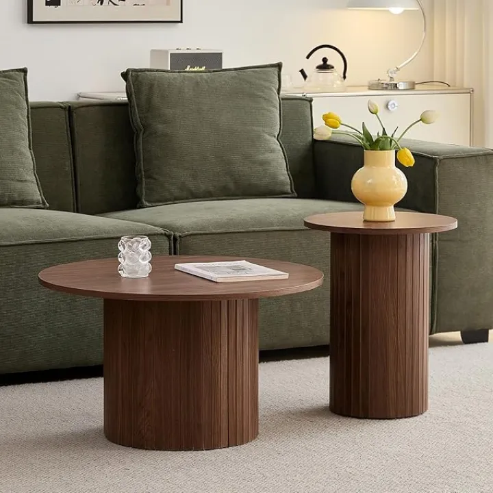 Small Round Coffee Table Set of 2, Wood Finish Nesting Coffee Tables, Boho Circle Side Table for Living Room (φ27.6 Large Short + φ15.8 Small Tall)