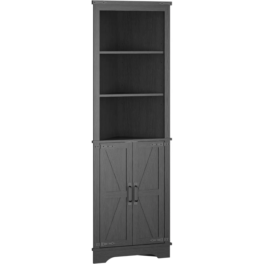 Panana Tall Corner Storage Cabinet with Barn Door, Farmhouse Wooden Corner Shelves with Adjustable Shelves, Freestanding Home Space Saver Organizer for Living Room, Hallway, Bathroom (Black)