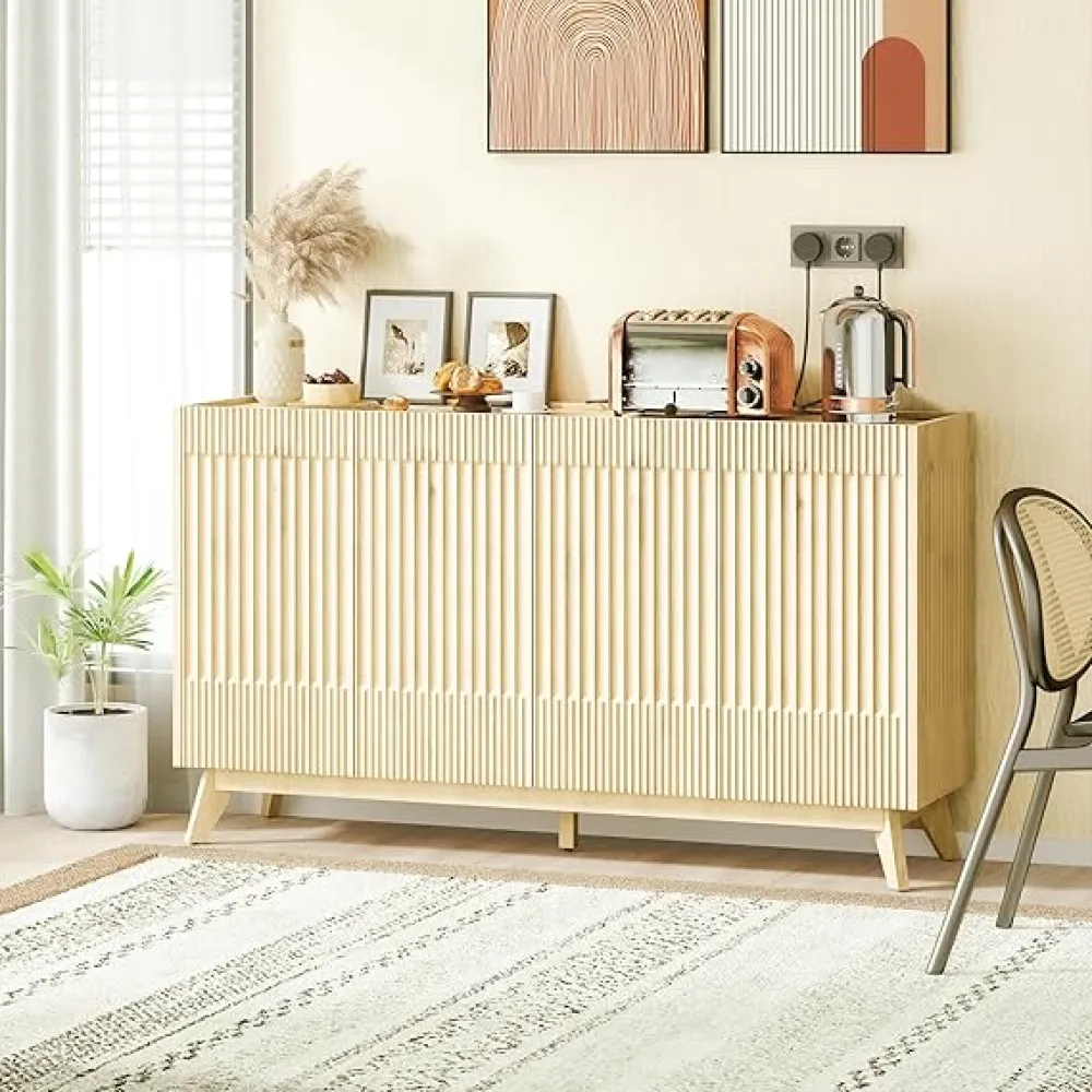 60" Length Fluted Sideboard Buffet Cabinet with Storage, Modern Credenza Accent Cabinet with 4 Doors, Wood Coffee Bar Media Console Cabinets for Kitchen Dining Living Room Entryway (Natural Wood)