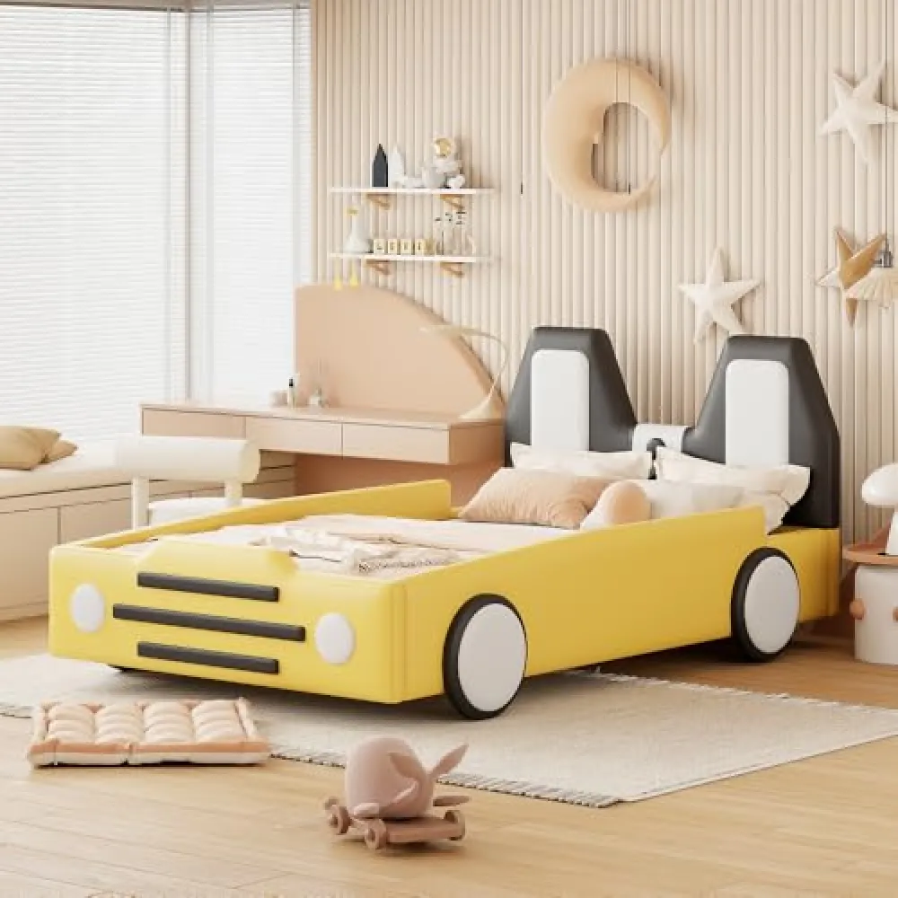 SweetSnuggle Twin Size Race Car-Shaped Platform Bed with Wheels,Yellow
