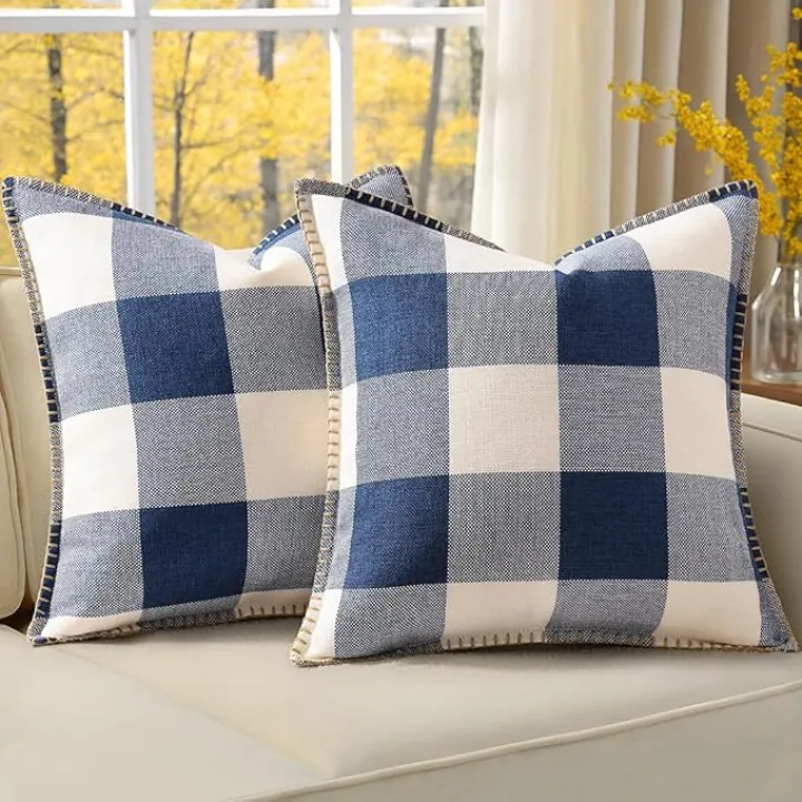 decorUhome Buffalo Plaid Check Throw Pillow Covers 20x20 Set of 2, Outdoor Decorative Farmhouse Neutral Pillow Covers with Stitched Edge for Bed Couch Sofa, Navy Blue and White