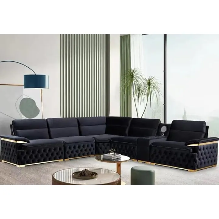 First of a Kind Java Velvet Sectional Sofa - Upholstered Modular Couch with Speaker, Cupholders, Deep Button-Tufted & Gold Trim Accents - Luxury L Shaped Couches for Living Room Areas, Black