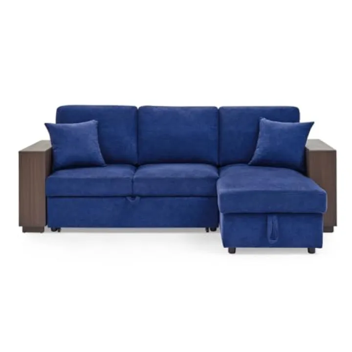 ONMYJFD Sectional Sofa with Pulled Out Bed, 2 Seats Sofa and Reversible Chaise with Storage, MDF Shelf Armrest