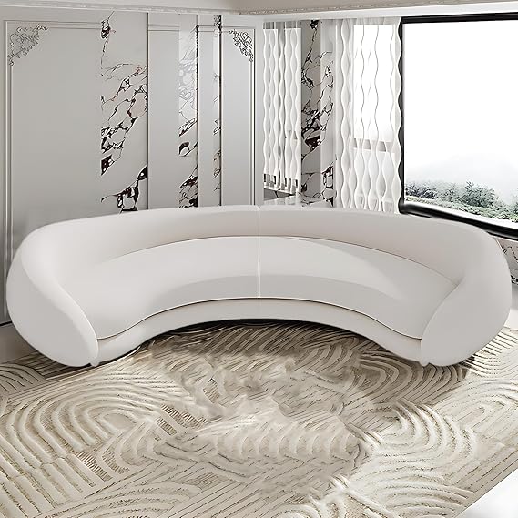 141.7IN Luxury Modern Curved Sofa - Matte Velvet Couch, Double Layer Seat Cushion & Double Combined Semi Arc Design | Minimalist Comfy Sectional Couches for Living Room, Apartment, White
