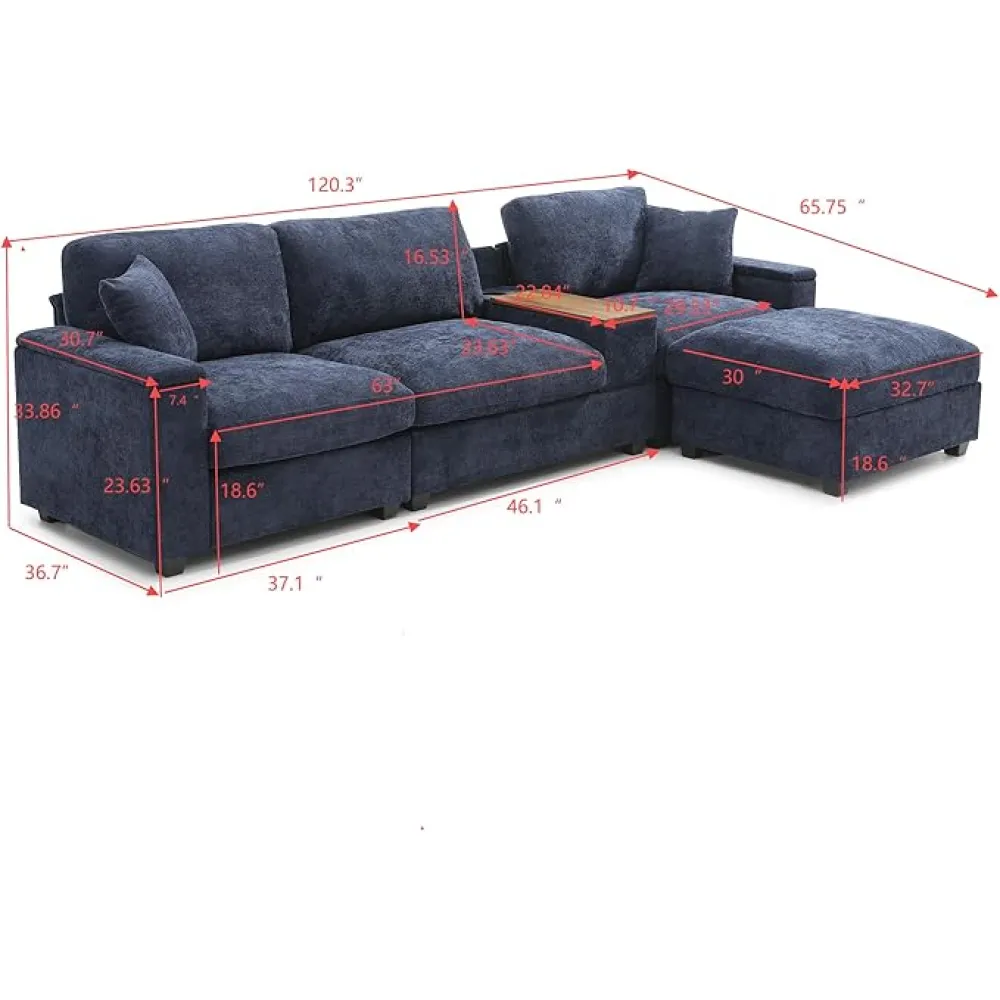 120.3" Modular Sectional Sofa,L-Shaped Oversized Couch for Living Room,Comfy Cloud Couch Set with Drop Down Table,360-degree Swivel Tray,Cup Holders,USB Charger,Dark Blue
