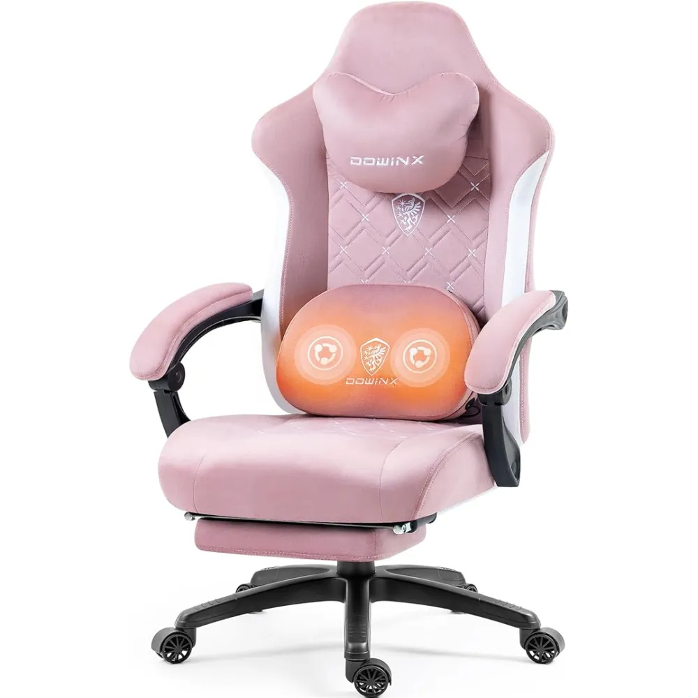 Dowinx Fabric Gaming Chair with Heated Massage Lumbar Support, Gaming Chairs for Adults, Big and Tall Gamer Chair with Pocket Spring Cushion and Footrest, Ergonomic Recliner Computer Chair, Pink