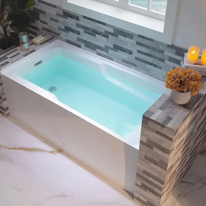 WOODBRIDGE 60" Acrylic Rectangular Alcove Soaking Bathtub in White with Left Drain, Brushed Nickel pop-UP Drain Included BA6030L