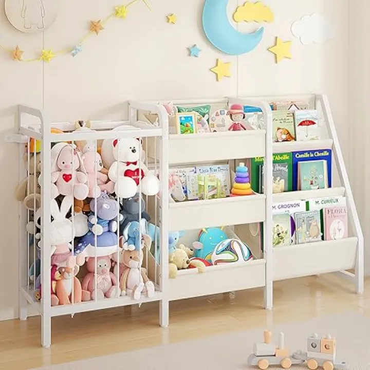 B2 Kids Bookshelf and Toy Storage, 3-Tier Book Shelf for Kids Rooms, Sling Toddler Book Shelves with Stuffed Animal Storage, Montessori Baby Bookcase for Nursery, Bedroom, Playroom, White