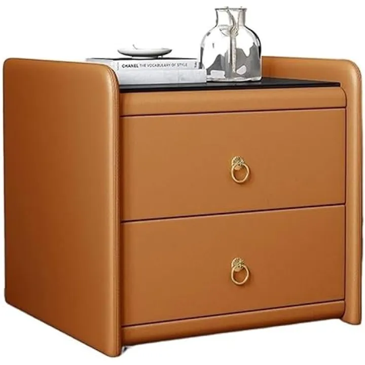 Double Drawer Bedside Table with Leather & Tempered Glass Top, 45x45x45cm, Storage Locker for Bedroom, Side Table