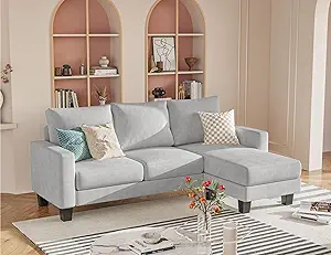 Homall Sofa for Living Room, Couch with Convertible Chaise, 3 Seat L-Shaped Sofas, Comfy Fabric Couches for Apartment, Small Space, Pale Gray