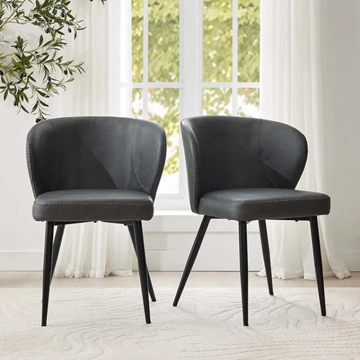 Dining Chairs Set of 2, Grey Mid-Century Modern Faux Leather Upholstered Chairs, Ergonomic Curved Backrest, Metal Legs, Easy-to-Clean for Kitchen, Dining Room, Living Room