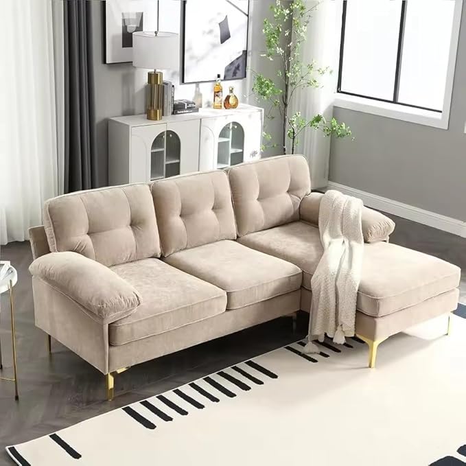 L Shaped Sofa 83" Soft Cushion Fluffy Armrest Couch for Apartment Small Space 3-Seater Sofa with Reversible Chaise(Camel)