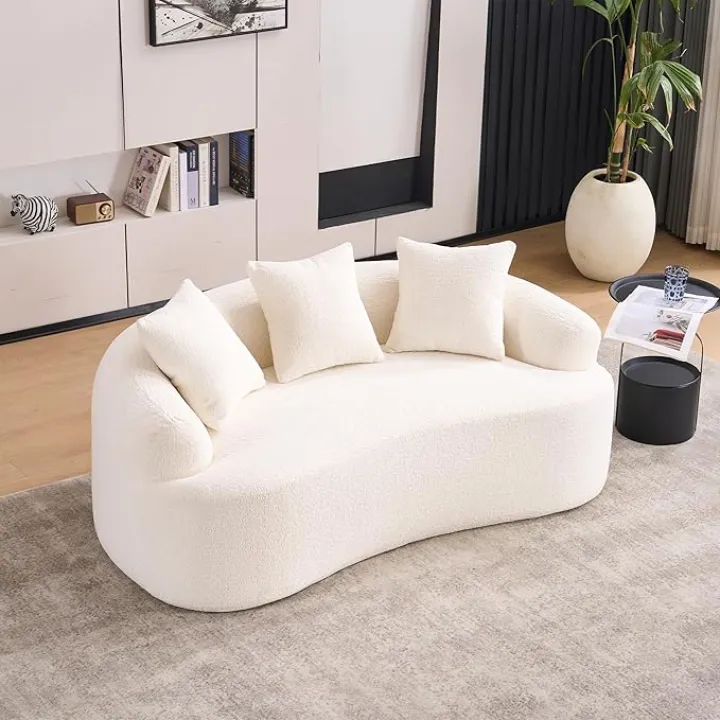 65" Curved Loveseat Sectional Sofa for Living Room, Modern Plush Chenille Cloud Round Deep Seat Compressed Boneless Couch with 3 Throw Pillows for Small Apartment, No Assembly Needed, Beige