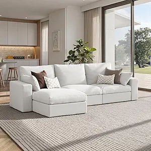 110.2" Modular Sectional Cloud Couch with Ottomans, Modern Sofa with 3 Seater 25.6" Deep Seat, True Relax Oversize Couch Set with Metal Frame for Living Room, Bedroom and Apartment, Cream