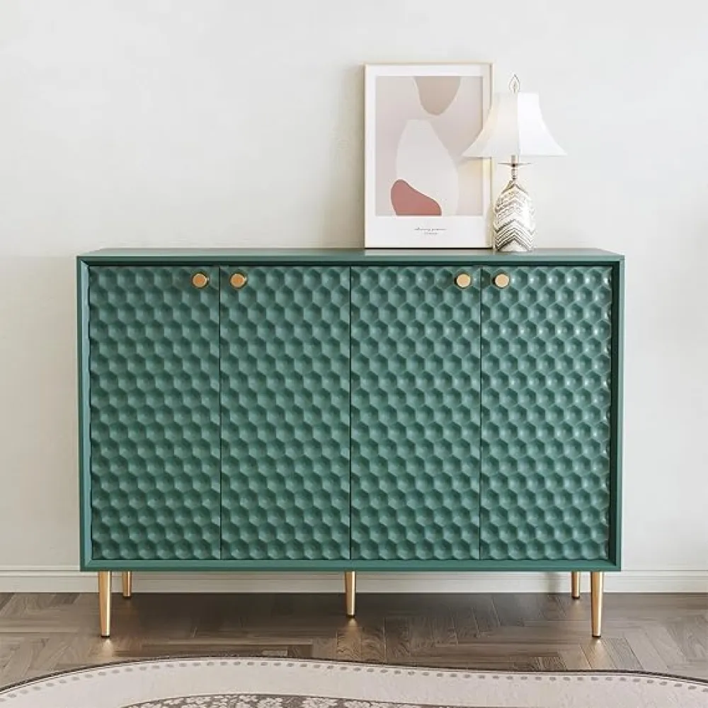HLR Sideboard Buffet Cabinet with Storage,48" Modern Hexagon Honeycomb Pattern Credenza Storage Accent Cabinet with 4 Doors for Entryway Kitchen Dining Room,Green