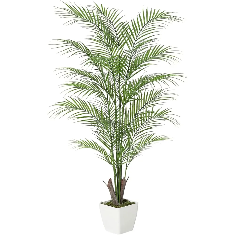 4FT Fake Palm Tree Faux Areca Palm Plants with 21 Full Lifelike Palm Leaves Realistic Trunks Fake Tropical Palm Tree for Indoor Home Office Outdoor Yard Décor with Trapezoidal Prism White Pot