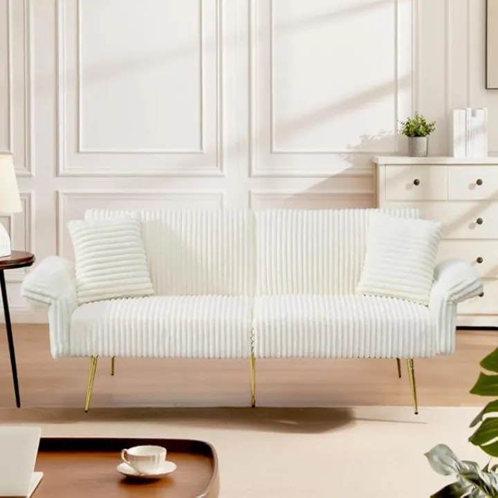 73" Convertible Futon Sofa Bed,Comfy Teddy Fabric Sleeper Couch with 3 Reclining Backrests,Golden Chrome Legs,Modern Cloud Sofa Loveseat for Small Living Room Office (White-Corduroy)
