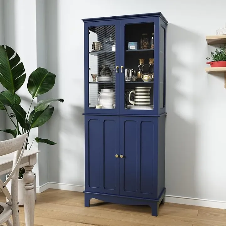 ARTPOWER 72" Freestanding Kitchen Pantry Storage Sideboard, Classical Tall Cabinet with Glass Door and Adjustable Shelves for Kitchen, Livingroom and Dining Room, Navy Blue