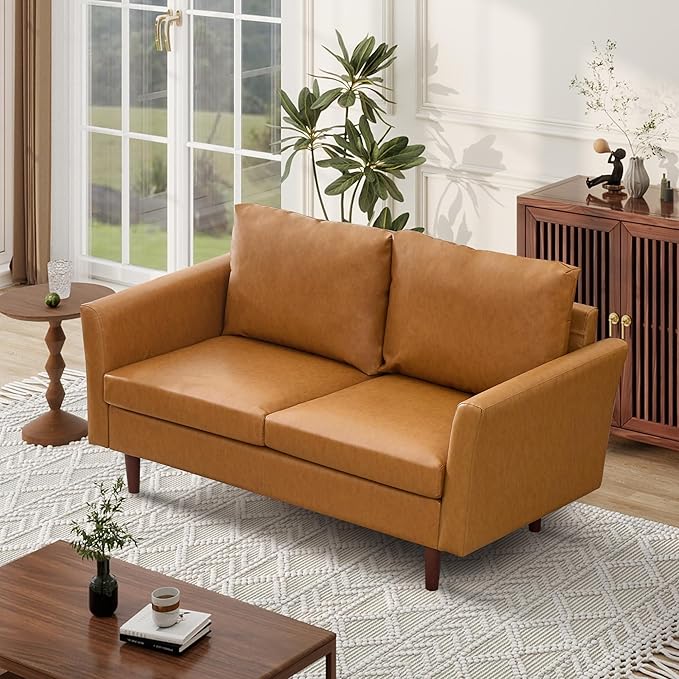 Tbfit Loveseat, Faux Leather Sofa, Couches for Living Room, Bedroom & Office, Light Brown