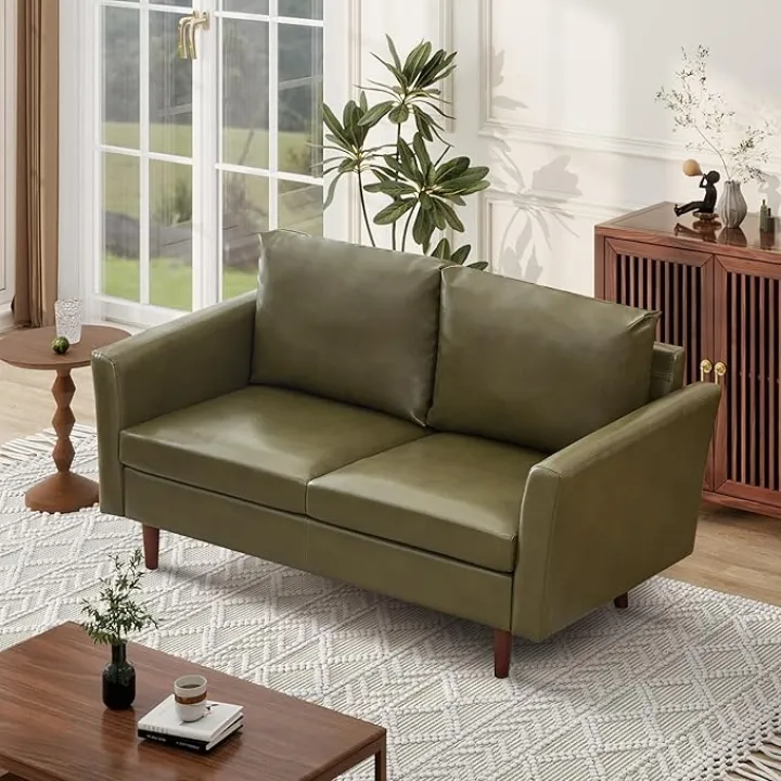 Tbfit Loveseat, Faux Leather Sofa, Couches for Living Room, Bedroom & Office, Olive Green