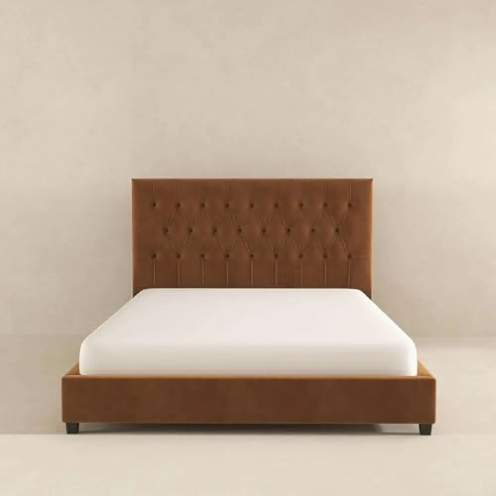 Donald Mid Century Modern Cognac Velvet Platform Bed Queen