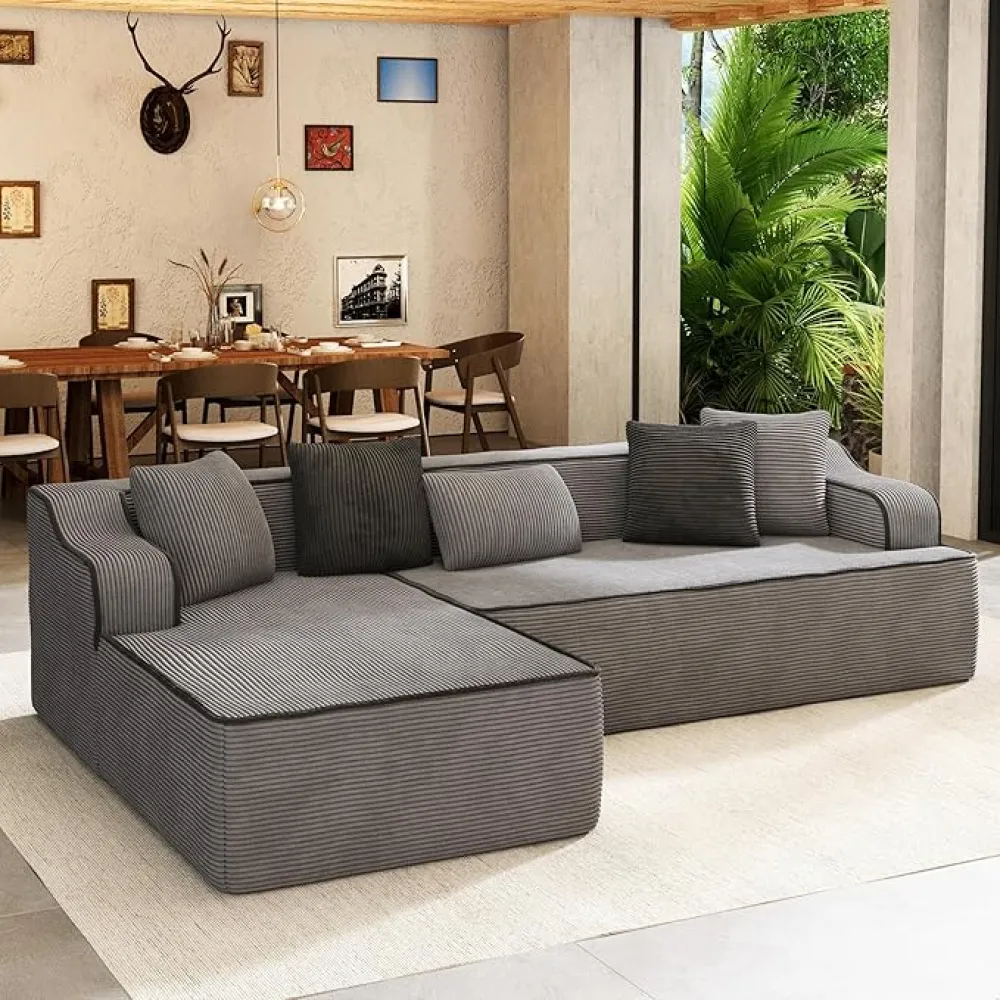 Boneless Sectional Couch in Box, Cloud Couch with Chaise, 104'' Modern Modular Corduroy Sofa for Living Room, L-Shaped Plush Comfy Sofa with Deep Seat, No Assembly Required (Grey)