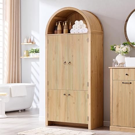 71" Tall Arched Bathroom Storage Cabinet, Modern Fluted Storage Cabinet w/Doors, 3 Adjustable Shelves, 6 Door Shelves, Wood Freestanding Cabinet for Bathroom, Entryway, Hallway, Natrual