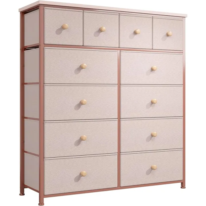 Dresser for Bedroom with 12 Drawers Tall Dressers for Bedroom Fabric Dressers & Chest of Drawers with Sturdy Metal Frame, Wood Top, for Girls, Closet, 40.6" W x 11.8" D x 44.5" H (Pink)