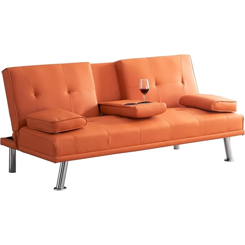 Faux Leather Convertible Folding Futon Sofa Bed with 2 Cup Holders, Sleeper Couch Bed with Removable Armrests, Metal Legs, Upholstered Loveseat for Living Room, Apartment, Dorm, Office (Orange-New)