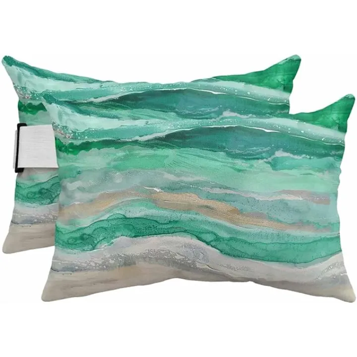 2 Pack 12x20 Chaise Lounge Outdoor Pillows Covers Waterproof, Ombre Summer Tropical Beach Adjustable Headrest Pillowcase, Green Teal Ocean Decorative Neck Pillows for Recliner Office Chair