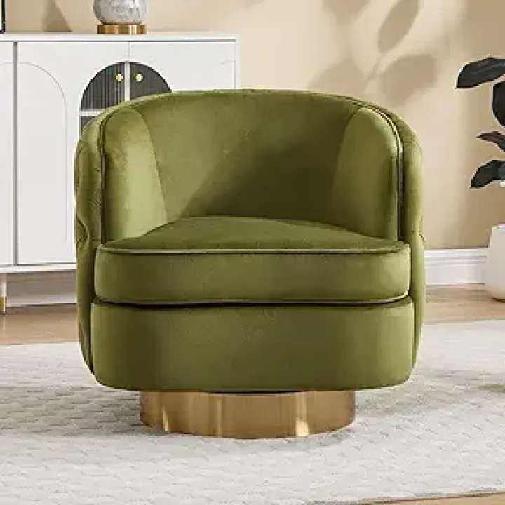 Modern Accent Chair, Swivel Barrel Armchair for Living Room, Button Tufted Velvet Comfy Chairs, Round Upholstered Single Sofa Seating with Gold Base, Green