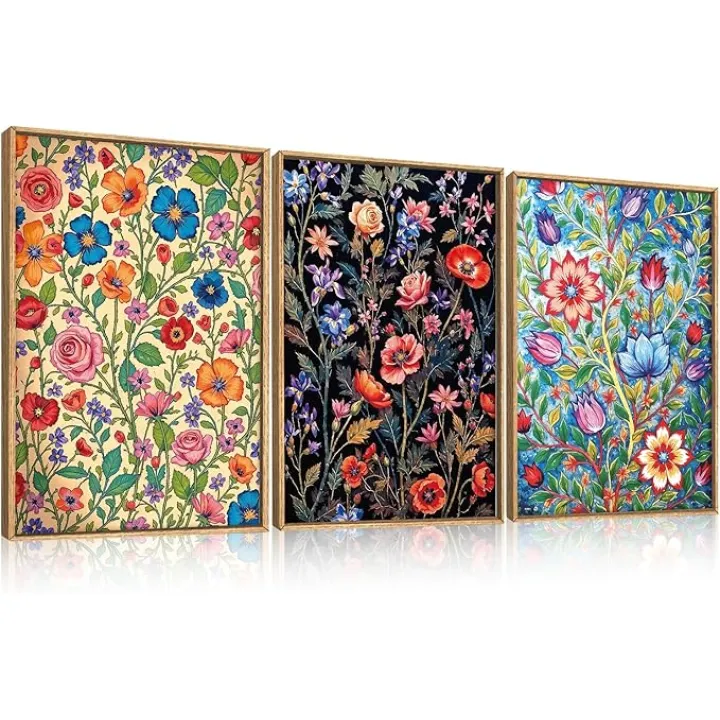 LHIUEM Large Vintage Botanical Flower Framed Canvas Wall Art,Abstract Colorful Wildflower Wall Decor,Rustic Bouquet Wall Painting,Poster Artwork for Living Room,Bedroom,Dining Room,Office -16"x24"x3