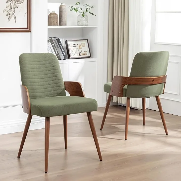 Dining Room Chairs Set of 2,Mid Century Modern Kitchen Chairs,Green Corduroy Fabric Upholstered Accent Chairs,Metal Legs Wooden Desk Chairs,Armless and No Wheels for Kitchen Dining Room
