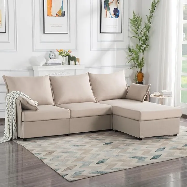 93.7" Modular Sectional Sofa with Movable Ottoman, 3 Seat Comfy Cloud Couch with Arm Chshion, Modern Convertible L Shaped Deep Seat Couch for Living Room, Bedroom, Beige