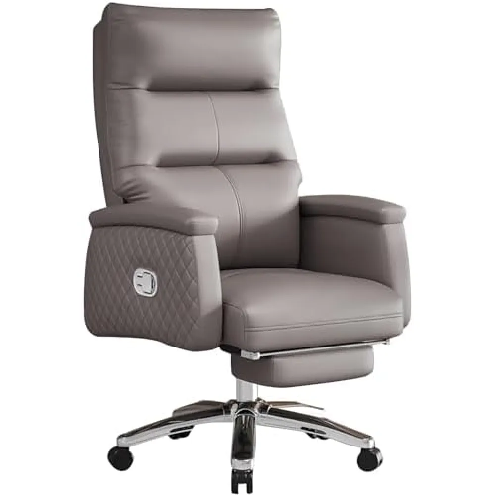 Home Office Desk Chair, Executive Office Chair, Genuine Leather Computer Chair Swivel Managerial Chairs with Adjustable Height, Back and Retractable Footrest,Grey,One Size