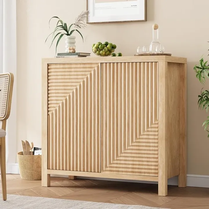 Buffet Cabinet with Storage, Fluted Wood Sideboard Buffet Cabinet with 2 Doors and Shelves, Kitchen Coffee Bar Buffet Table for Living Room, Entryway, Hallway (Brown)