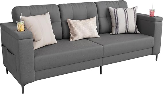 Couches for Living Room, Sofas for Living Room with Innovative Storage Armrests, Small Couch with Minimalist Elegance, Teddy Fleece Comfort, Cup Holders and Side Pockets, Dark Gray