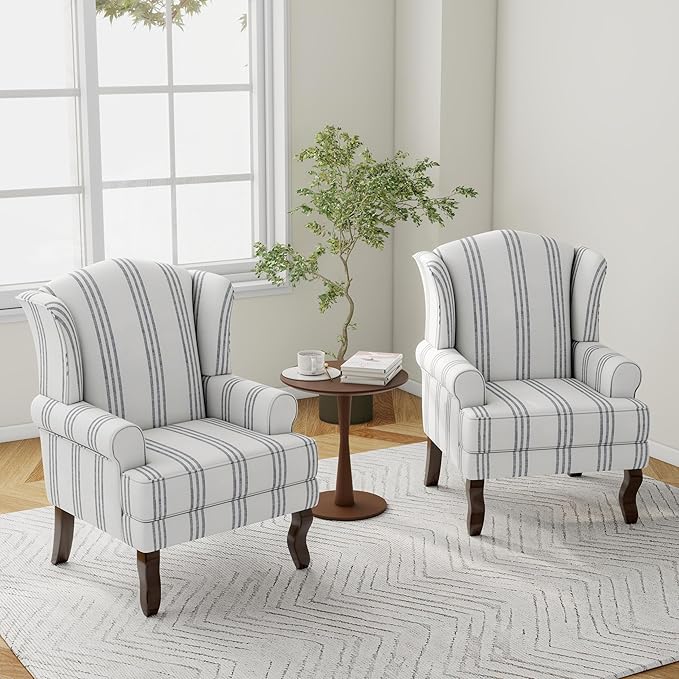 High Back Accent Chair, Comfy Armchair with Solid Wood Legs for Living Room, Upholstered Accent Chair for Small Space, Single Sofa Reading Chairs for Office-Stripe Navy