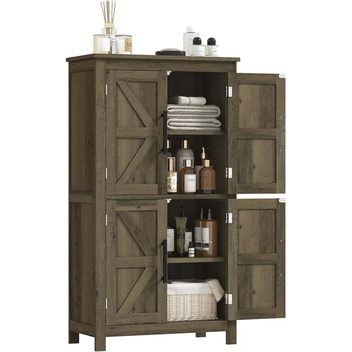 HOMCOM Farmhouse Bathroom Storage Cabinet with 4 Barn Doors, Bathroom Floor Cabinet with 2 Adjustable Shelf, Freestanding Storage Cupboard, Brown