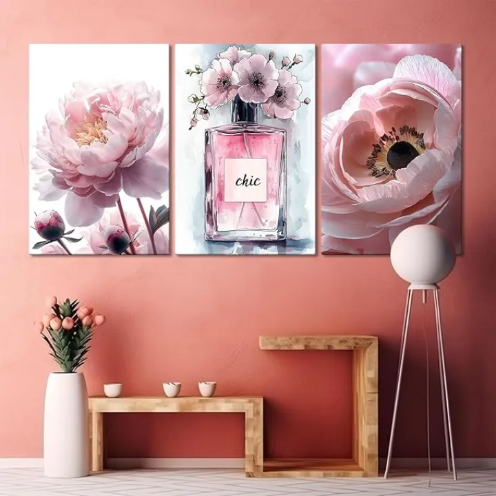 WithHope Pink Peony Perfume Triptych Canvas Painting, Floral Wall Art, Pink Canvas Wall Art, Flower Decor for Wall, Preppy Room Decor Living Room Bedroom (16" x 24" x 3 pcs)