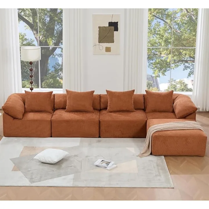 142" Comfy L Shaped Orange Sectional Couches for Living Room, Oversized Modern Fluffy Chenille Cloud Couch Modular Sectional Sofa with Memory Foam, 5 Seater Convertible Sleeper Couch Orange