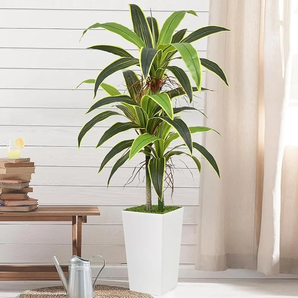 Artificial Dracaena Tree 5FT 33 Leaves White Tall Planter Cover with Green Moss 3 Trunks Faux Silk Yucca Plant Realistic Fake Tropical Plants for Indoor Outdoor Decor (5FT, White Tall Pot)