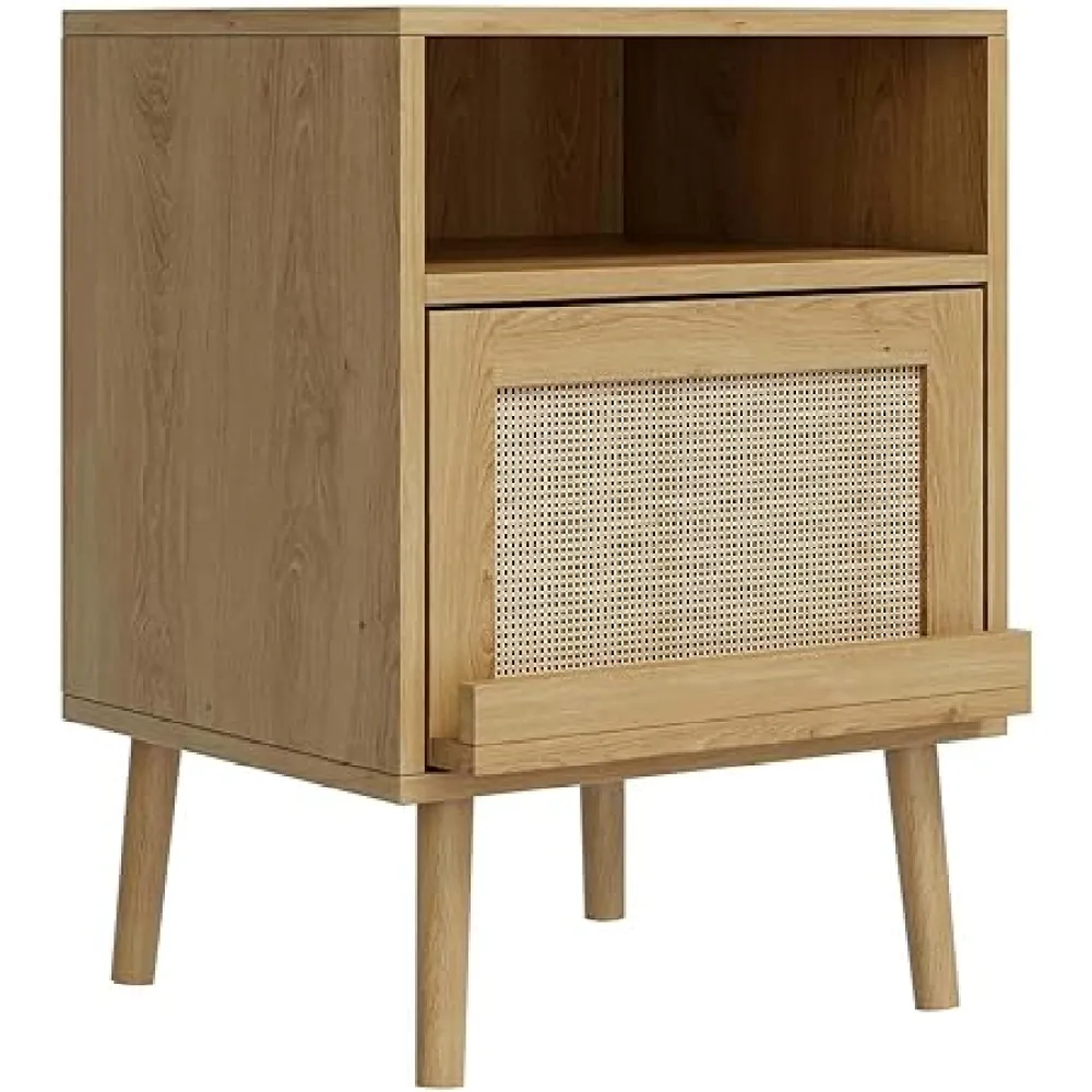 Boho Rattan Nightstand with Drawer and Open Storage Shelf – Modern 2-Tier Bedside Table for Bedroom, Small Space End Table with Natural Woven Texture, Durable Wood Frame, Compact Size, Easy Assembly