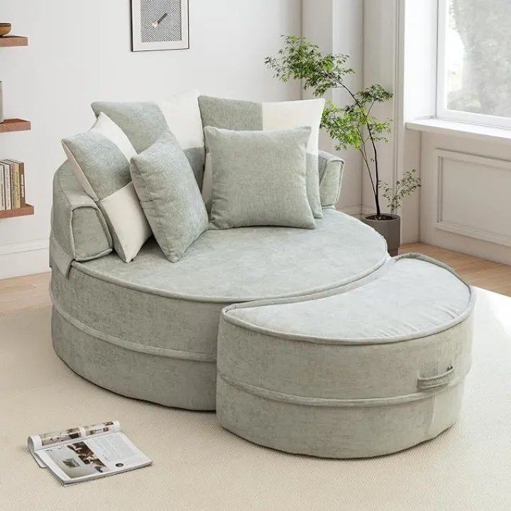 Oversized Round Chair with Ottoman, 47-inch Chaise Longue Chair Indoor with Deep Seat, Modern Circle Big Comfy Reading for Bedroom Living Room Dorm, No Assemble Needed(Light Green)