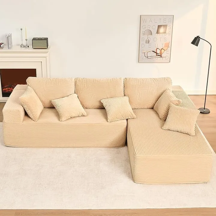 107" Boneless Couch with Deep Seat, Modular Sectional Sofa, Cloud Sectional Couch for Living Room, No Assembly Required, Corduroy, L-Shape Right，Camel