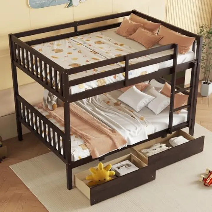 DNYN Full Over Full Bunk Bed with Two Storage Drawers for Kids Bedroom,Convertible Wooden Bedframe,Easy Assembly & Solid Update & No Box Spring Required, Espresso